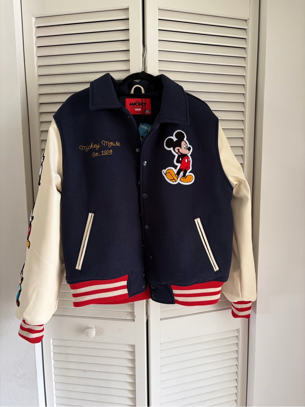 Disney Navy & Cream Mickey Mouse Varsity Jacket with Red Trim sz. MD